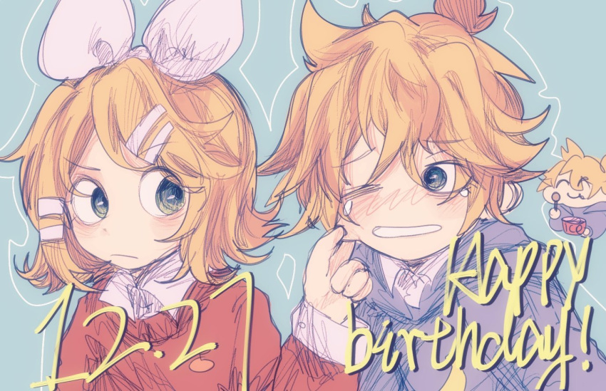 &gt;_o 1boy 1girl anniversary blonde_hair blue_background blue_eyes blue_sweater bow cheek_pinching chibi closed_mouth hair_bow hair_ornament hairclip happy_birthday kagamine_len kagamine_rin kibidesu looking_at_another messy_hair one_eye_closed outline pinching red_sweater short_hair siblings sweater teeth twins vocaloid white_outline