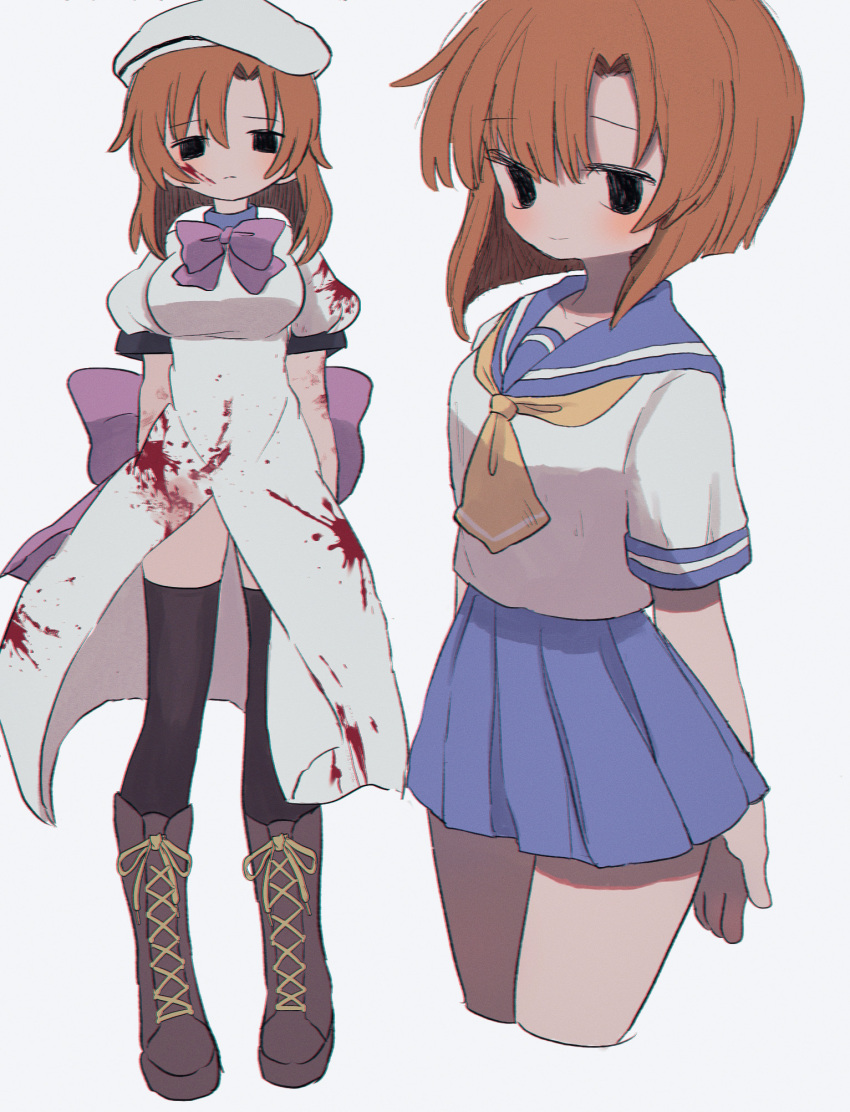 1girl black_eyes black_thighhighs blood blood_on_clothes blood_on_face blue_skirt blush boots bow breasts brown_footwear brown_hair character_request check_character closed_mouth cross-laced_footwear expressionless highres higurashi_no_naku_koro_ni knee_boots looking_at_viewer medium_breasts medium_hair pleated_skirt puffy_short_sleeves puffy_sleeves purple_bow ri_(qrcode) ryuuguu_rena short_hair short_sleeves simple_background skirt solo thigh-highs white_background