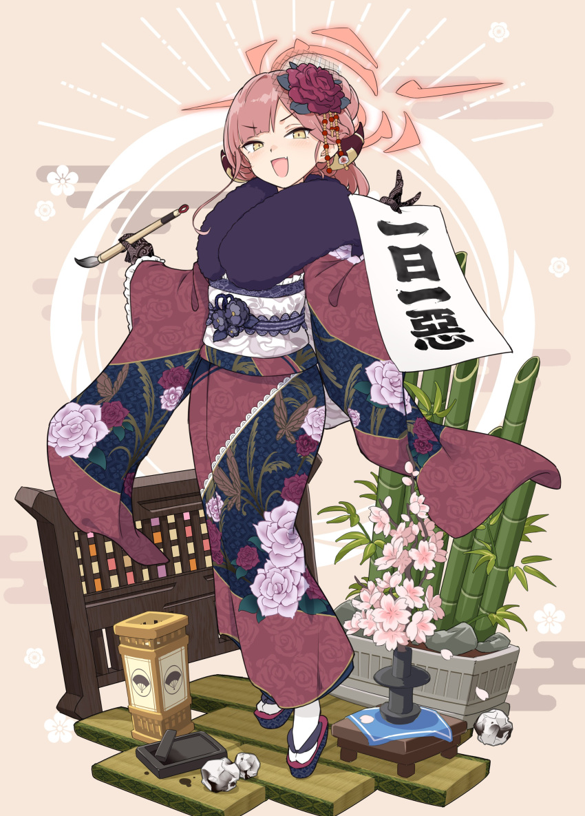 1girl absurdres aka_ringo aru_(blue_archive) aru_(new_year)_(blue_archive) blue_archive calligraphy_brush crumpled_paper fang floral_print flower full_body gloves hair_flower hair_ornament highres holding horns japanese_clothes kimono lace lace_gloves lantern long_sleeves looking_at_viewer obi open_mouth orange_eyes paintbrush paper petals red_flower red_gloves redhead sash solo standing tabi wide_sleeves yellow_flower