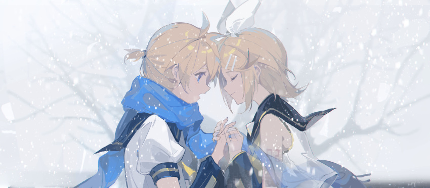 1boy 1girl absurdres ahoge bare_shoulders black_sailor_collar blonde_hair blue_eyes blue_scarf bow brother_and_sister closed_eyes detached_sleeves forehead-to-forehead ghost hair_bow hair_ornament hairclip heads_together highres holding_hands irple kagamine_len kagamine_rin neckerchief necktie number_tattoo open_mouth proof_of_life_(vocaloid) sailor_collar scarf semi-transparent shirt short_hair short_ponytail short_sleeves shoulder_tattoo siblings sleeveless sleeveless_shirt smile snow snowing soundless_voice_(vocaloid) spiky_hair swept_bangs tattoo transparent tree twins vocaloid white_bow winter yellow_neckerchief yellow_necktie