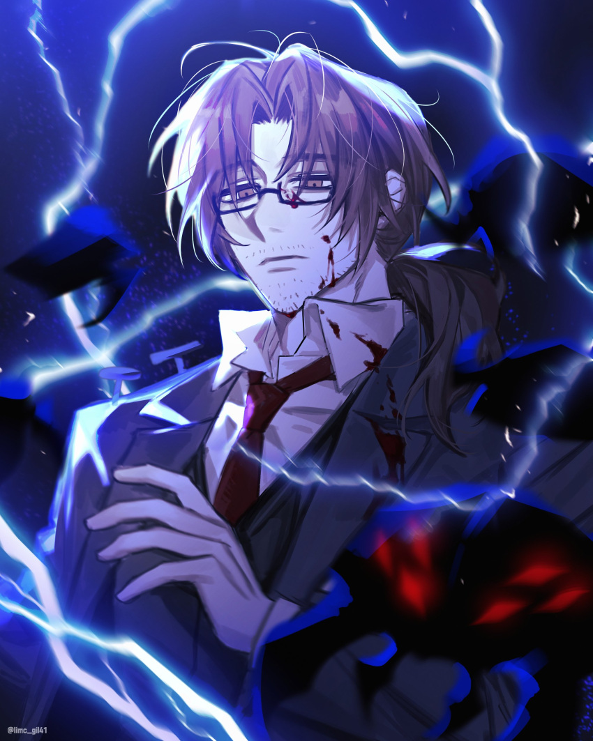 1boy absurdres black_coat black_vest blood blood_on_face blue_theme brown_eyes brown_hair coat collared_shirt e.g.o_(project_moon) electricity facial_hair glasses gregor_(project_moon) hand_up highres limbus_company limc_gil41 long_sleeves looking_at_viewer necktie project_moon red_necktie shirt shock_centipede_(project_moon) solo stubble upper_body vest white_shirt wing_collar