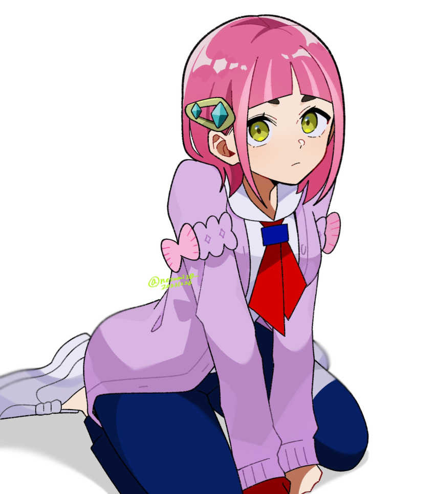 1girl arched_bangs blue_pants blueberry_academy_school_uniform cardigan coat collared_shirt genjitsu_o_miro gloves hair_ornament hairclip highres lacey_(pokemon) long_sleeves looking_at_viewer medium_hair mismatched_eyebrows open_cardigan open_clothes pants pink_coat pink_hair pokemon pokemon_sv red_gloves school_uniform shirt single_glove solo white_shirt yellow_eyes