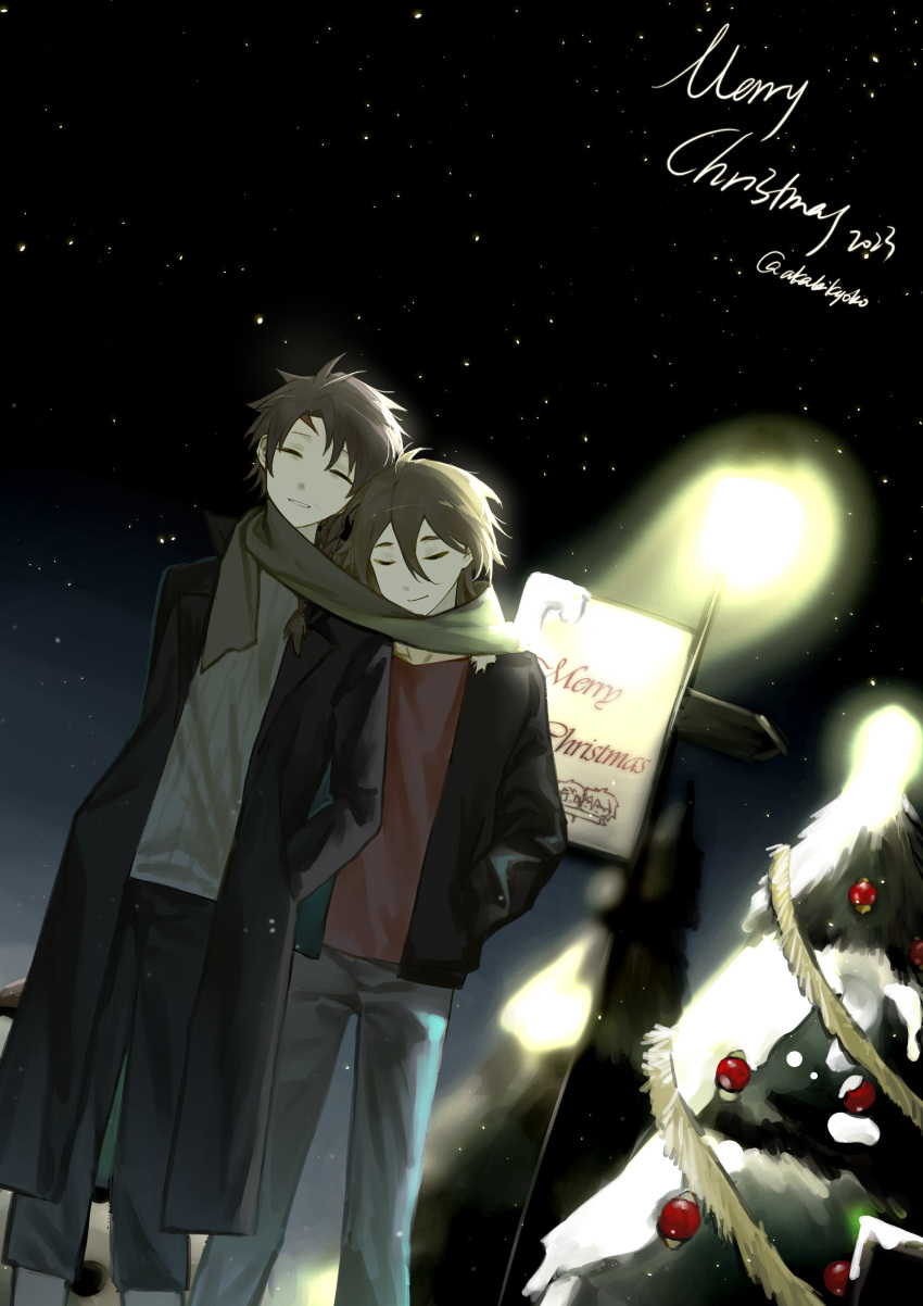 2boys absurdres ahoge black_coat black_jacket black_pants brown_hair chinese_commentary christmas_tree closed_eyes closed_mouth coat commentary_request english_text green_scarf grey_pants grey_sweater hair_between_eyes hands_in_pockets harada_minoru highres isoi_reiji jacket kyoko_(akakikyoko) male_focus merry_christmas multiple_boys night night_sky open_clothes open_coat open_jacket outdoors pants ribbed_sweater saibou_shinkyoku scarf shared_clothes shared_scarf short_hair sky smile star_(sky) sweater tinsel