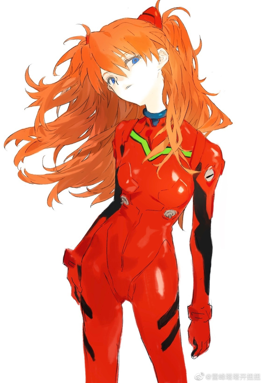 1girl black_sleeves blue_eyes bow chinese_commentary commentary_request cowboy_shot eyelashes gloves hair_bow hand_on_own_hip head_tilt highres leiting_pili_niuniu long_hair looking_at_viewer neon_genesis_evangelion orange_hair parted_lips pilot_suit plugsuit red_bow red_gloves red_sleeves red_suit red_wrist_cuffs simple_background solo souryuu_asuka_langley suit two-tone_sleeves two_side_up watermark weibo_logo weibo_username white_background