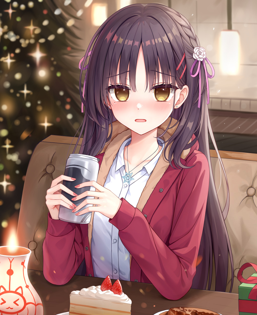 1girl absurdres black_hair blurry blurry_background blush braid cafe_stella_to_shinigami_no_chou cake cake_slice can candle casual cc_lin chinese_commentary christmas christmas_tree coat collared_shirt commentary earrings elbows_on_table empty_eyes english_commentary eyelashes eyes_visible_through_hair flower food frown fruit fur-trimmed_hood fur_trim hair_between_eyes hair_flower hair_ornament hair_ribbon hands_up highres holding holding_can hood hood_down indoors jewelry long_hair looking_at_viewer mixed-language_commentary mole mole_under_eye nail_polish nose_blush official_alternate_costume open_clothes open_coat open_mouth pink_nails pink_ribbon red_coat ribbon rose shiki_natsume shirt side_braid sitting snowflake_necklace snowflakes solo sparkle straight_hair strawberry stud_earrings upper_body variant_set very_long_hair white_flower white_rose white_shirt yellow_eyes