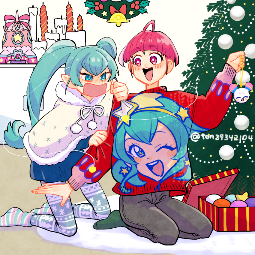2girls :d aged_up ahoge angry aqua_eyes aqua_hair bell black_dress black_pants blush bright_pupils candle capelet character_print christmas christmas_ornaments christmas_sweater christmas_tree clothes_grab commentary dress frown fuwa_(precure) gift glaring green_socks grey_thighhighs hagoromo_lala hood hood_down hooded_capelet hoshina_hikaru indoors kneeling leaning_forward long_hair long_sleeves looking_at_another looking_back multiple_girls open_mouth pants pink_eyes pink_hair pointy_ears precure print_thighhighs red_sweater seiza short_dress short_hair sitting smile socks star_twinkle_precure sweater thigh-highs ton_(ton39342104) twintails twitter_username ugly_sweater very_long_hair white_capelet white_pupils wreath