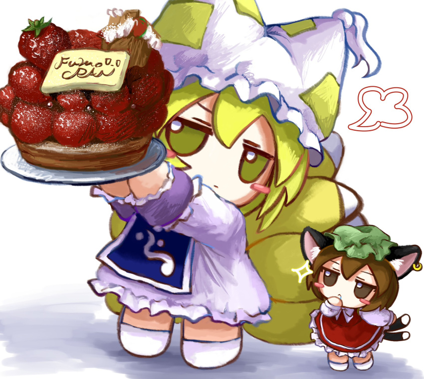 2girls animal_ear_fluff animal_ear_headwear animal_ear_piercing animal_ears blonde_hair blue_tabard blush_stickers brown_eyes brown_hair cake cat_ears cat_tail chen chibi closed_mouth commentary dress food fox_tail frilled_skirt frills fruit full_body fumo_(doll) green_headwear hand_to_own_mouth hands_up hat hat_tassel highres holding holding_cake holding_food holding_plate jitome long_sleeves looking_at_viewer making-of_available mob_cap multiple_girls multiple_tails plate puff_of_air red_skirt red_vest shirt short_hair size_difference skirt socks sparkle standing strawberry symbol-only_commentary tabard tail touhou two_tails vest white_background white_dress white_headwear white_shirt white_socks yakumo_ran yakumora_n yellow_eyes