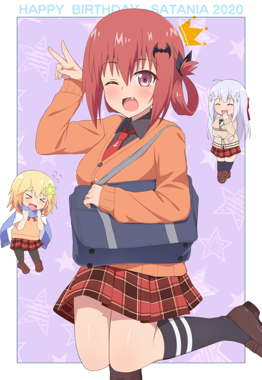&gt;_&lt; 3girls :d ;d bag bat_hair_ornament birthday blush border brown_footwear cardigan collared_shirt commentary_request fang flying_sweatdrops gabriel_dropout hair_ornament hair_rings hand_up happy_birthday highres long_sleeves medium_hair multiple_girls necktie nyaroon one_eye_closed open_mouth orange_cardigan outside_border pleated_skirt purple_background raphiel_shiraha_ainsworth red_necktie redhead satanichia_kurumizawa_mcdowell shirt shoes skirt sleeves_past_wrists smile socks star_(symbol) tapris_chisaki_sugarbell tongue v white_border