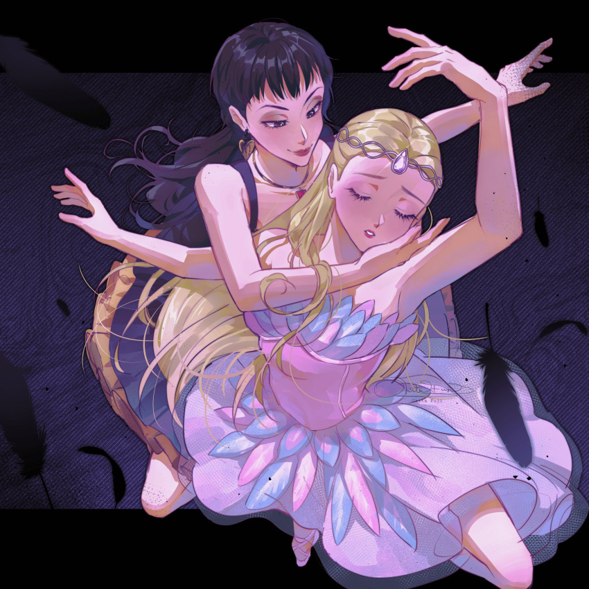 2girls arms_up ballerina ballet ballet_slippers barbie_(character) barbie_(franchise) barbie_movies barbie_of_swan_lake black_background black_dress black_feathers black_hair blonde_hair blunt_bangs brown_eyes captured closed_eyes dress earrings feather_dress feathers forehead_jewel gold_trim grabbing grabbing_from_behind hand_on_another's_cheek hand_on_another's_face headband highres jewelry long_hair multiple_girls necklace odette_(barbie) odette_(swan_lake) odile odile_(swan_lake) okitafuji pink_dress smirk tiara tutu