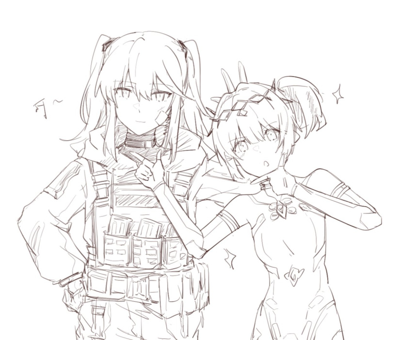 2girls ammunition_pouch bandaid bandaid_on_cheek bandaid_on_face beizhi belt_pouch bodysuit commandant_(punishing:_gray_raven) hair_between_eyes long_hair long_sleeves monochrome multiple_girls nanami:_starfarer_(punishing:_gray_raven) nanami_(punishing:_gray_raven) pouch punishing:_gray_raven side_ponytail sidelocks spacesuit tiara twintails two_side_up v