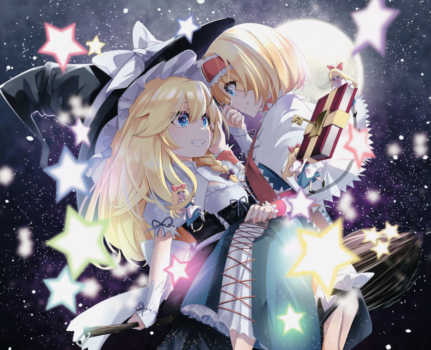 2girls alice_margatroid back_bow black_background black_dress black_headwear blonde_hair blue_dress blue_eyes book bow braid broom broom_riding capelet cross-laced_clothes cross-laced_dress danmaku dress frilled_capelet frilled_hairband frilled_hat frilled_ribbon frills grimoire grimoire_of_alice hairband hat hat_bow highres holding holding_book holding_broom kirisame_marisa long_hair looking_at_another multiple_girls nodoguro_(phi-tan) parted_lips puffy_short_sleeves puffy_sleeves red_hairband red_ribbon revision ribbon shanghai_doll short_hair short_sleeves side_braid single_braid sitting sitting_on_person smile star_(symbol) starry_background teeth touhou white_bow white_capelet witch_hat