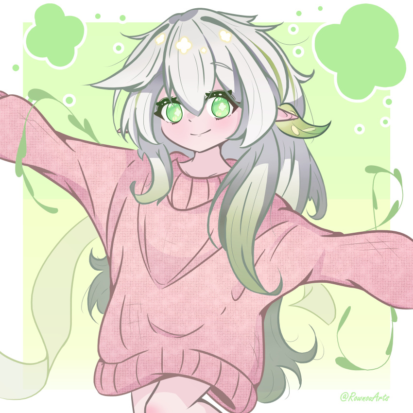 1girl absurdres alternate_costume alternate_hairstyle border casual child closed_mouth collarbone cowboy_shot cross-shaped_pupils english_commentary eyelashes genshin_impact gradient_background gradient_hair green_background green_eyes green_hair hair_between_eyes highres leaf leg_up light_smile long_hair long_sleeves looking_at_viewer multicolored_hair nahida_(genshin_impact) outside_border outstretched_arms pink_sweater plant_around_arm pointy_ears rownou sidelocks solo spread_arms standing standing_on_one_leg sweater symbol-shaped_pupils t-pose twitter_username white_border white_hair