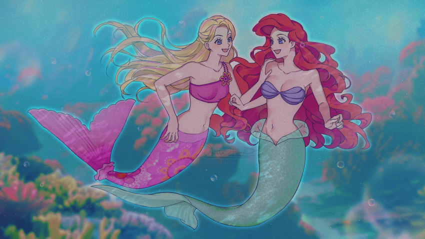 2girls ariel_(disney) barbie_(character) barbie_(franchise) barbie_in_a_mermaid_tale barbie_movies bikini blonde_hair blue_eyes breasts crop_top curly_hair disney fins floral_print green_tail hand_on_another's_shoulder highres jewelry long_hair medium_breasts merliah_(barbie) mermaid monster_girl multicolored_hair multiple_girls navel necklace okitafuji pink_hair pink_shirt pink_tail redhead shell shell_bikini shirt streaked_hair swimming swimsuit the_little_mermaid underwater