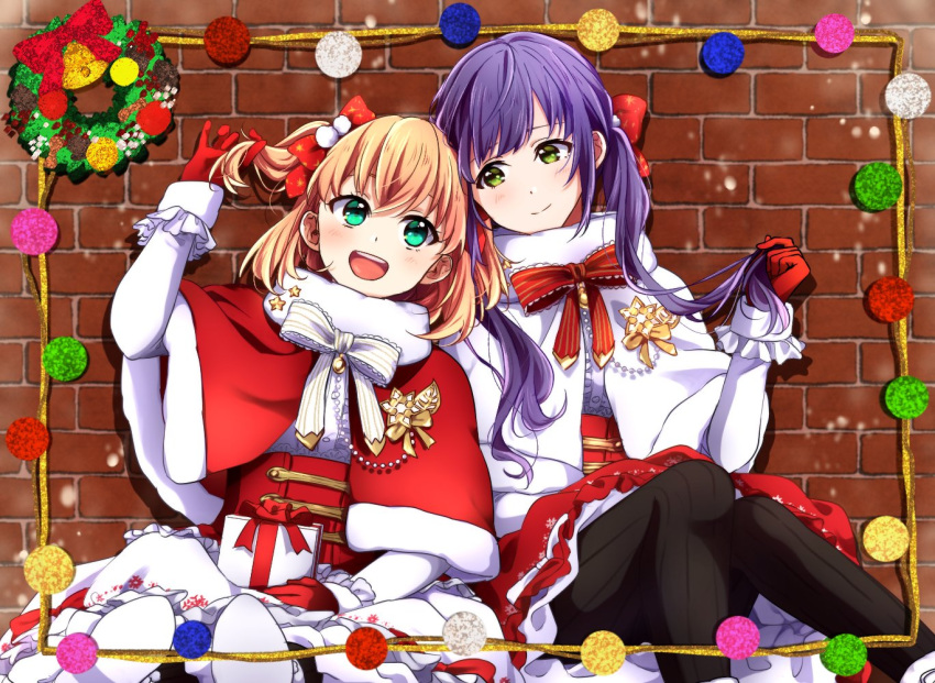 2girls against_wall alternate_hairstyle black_pantyhose bow bowtie box capelet center_frills cerise_bouquet christmas frilled_skirt frills fur-trimmed_capelet fur_trim gift gift_box gloves green_eyes hair_bow high-waist_skirt hinoshita_kaho holding holding_hair link!_like!_love_live! long_sleeves looking_at_another looking_to_the_side love_live! low_twintails multiple_girls oda_(101511a) orange_hair otomune_kozue pantyhose purple_hair red_bow red_gloves red_skirt shirt side-by-side sitting skirt twintails two_side_up white_shirt