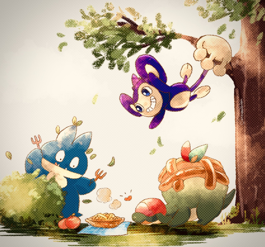 :q aipom animal_focus apple_pie appletun artist_name bush closed_mouth commentary_request falling_leaves fangs food fork grin hanging_from_tree highres holding holding_fork leaf monkey munchlax no_humans picnic pie pokemon pokemon_(creature) simple_background smile teeth tongue tongue_out tree twitter_username white_background zozozoshion