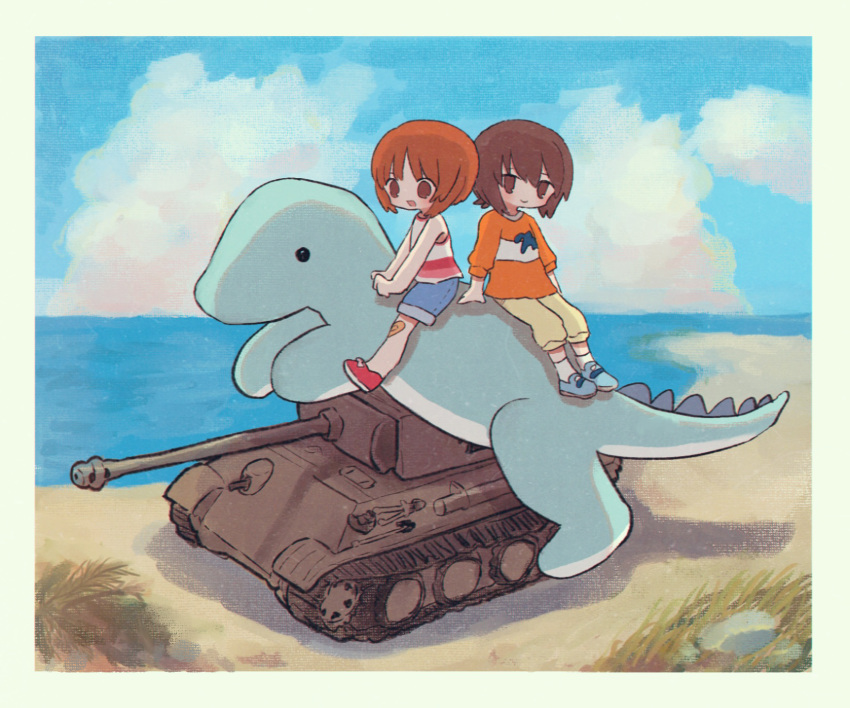 2girls beach blue_footwear blue_shorts blue_sky blush border brown_eyes brown_hair closed_mouth day denim denim_shorts girls_und_panzer highres long_sleeves looking_at_viewer military_vehicle motor_vehicle multiple_girls nishizumi_maho nishizumi_miho open_mouth outdoors red_footwear ri_(qrcode) shoes short_hair shorts sitting sky smile sneakers socks tank white_border white_socks
