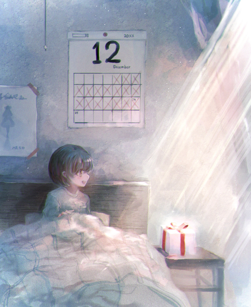 1girl absurdres aged_down bed blanket blush box bromide calendar_(object) christmas gift gift_box highres idolmaster idolmaster_shiny_colors indoors jade_oo light_rays looking_at_object nanakusa_nichika profile short_hair sitting smile solo