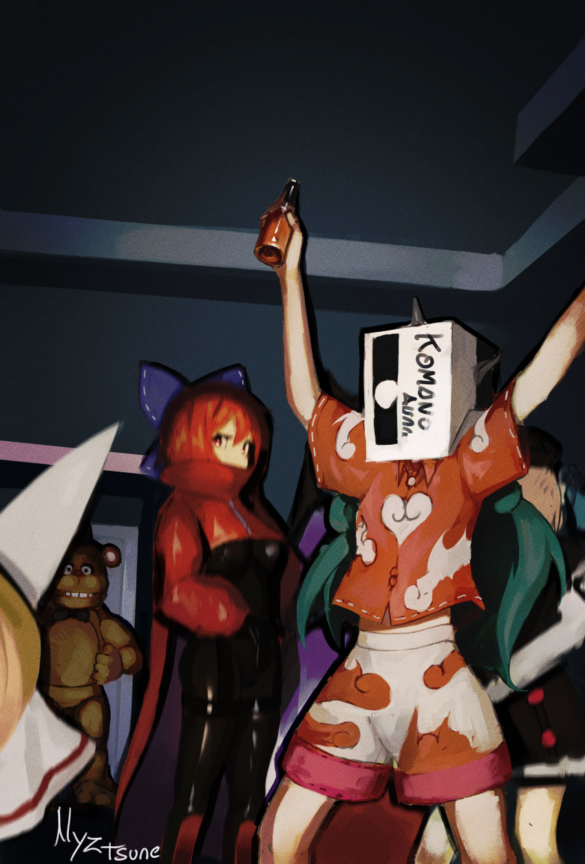 3girls absurdres arms_up beer_bottle black_bodysuit black_gloves bodysuit capelet character_name character_request film_grain five_nights_at_freddy's freddy_fazbear gloves green_hair highres komano_aunn long_hair multiple_girls nyztsune red_capelet red_eyes redhead rock_'n'_rock_'n'_beat sekibanki short_hair touhou zipper