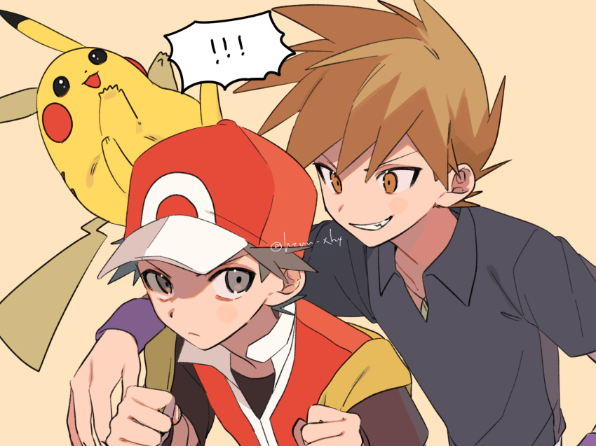 2boys blue_oak brown_eyes brown_hair closed_mouth collared_shirt commentary_request hands_up hat highres holding_strap jewelry male_focus momotose_(hzuu_xh4) multiple_boys necklace pikachu pokemon pokemon_(creature) pokemon_frlg purple_wristband red_(pokemon) red_headwear shirt short_hair short_sleeves spiky_hair t-shirt upper_body vest wristband