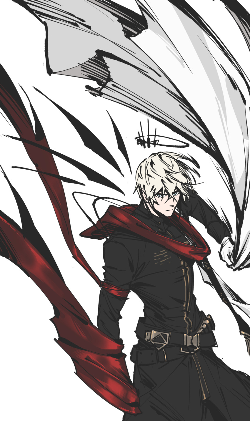 1boy arknights arm_scarf bandolier belt black_belt black_coat black_halo black_wings blonde_hair buckle cable clenched_hand cloak closed_mouth coat cowboy_shot crossed_bangs crossed_belts detached_wings doctahmem earpiece executor_(arknights) executor_the_ex_foedere_(arknights) from_side gloves hair_between_eyes halo hand_up high_collar highres holding_cloak long_bangs long_sleeves looking_at_viewer looking_to_the_side male_focus mechanical_halo messy_hair multiple_belts official_alternate_costume pale_color red_cloak serious short_hair shotgun_shell simple_background snap-fit_buckle solo standing torn_cloak torn_clothes turtleneck v-shaped_eyebrows white_background white_cloak white_gloves wings
