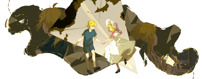 1boy 1girl absurdres aqua_shirt ascot barbed_wire black_footwear blonde_hair blue_eyes blue_shorts brown_footwear burned_paper cardiogram dress happy hat hat_ribbon high_heels highres holding_hands hospital_gown irple kagamine_len kagamine_rin leg_up lying monitor on_back paper_airplane pink_ascot pink_ribbon ribbon shirt shorts shuujin/kami_hikouki_(vocaloid) sick sleepwear smile standing standing_on_one_leg striped sun_hat sundress vertical_stripes vocaloid white_dress white_headwear