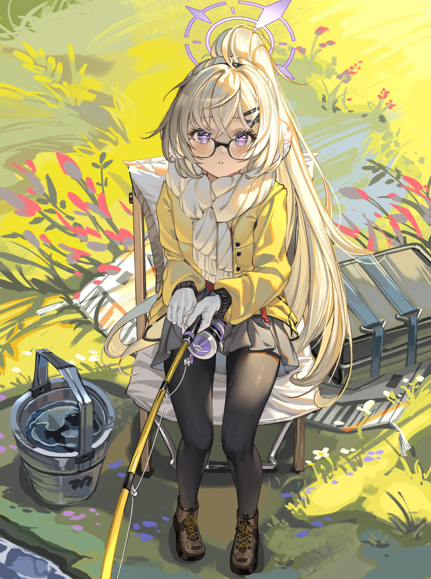 1girl absurdres al_guang black-framed_eyewear black_pantyhose blonde_hair blue_archive brown_footwear bucket earmuffs fishing fishing_rod glasses grey_skirt hair_between_eyes halo highres holding holding_fishing_rod jacket kotama_(blue_archive) kotama_(camp)_(blue_archive) long_hair long_sleeves looking_at_viewer official_alternate_costume outdoors pantyhose parted_lips pleated_skirt ponytail purple_halo scarf shoes skirt solo violet_eyes white_scarf yellow_jacket