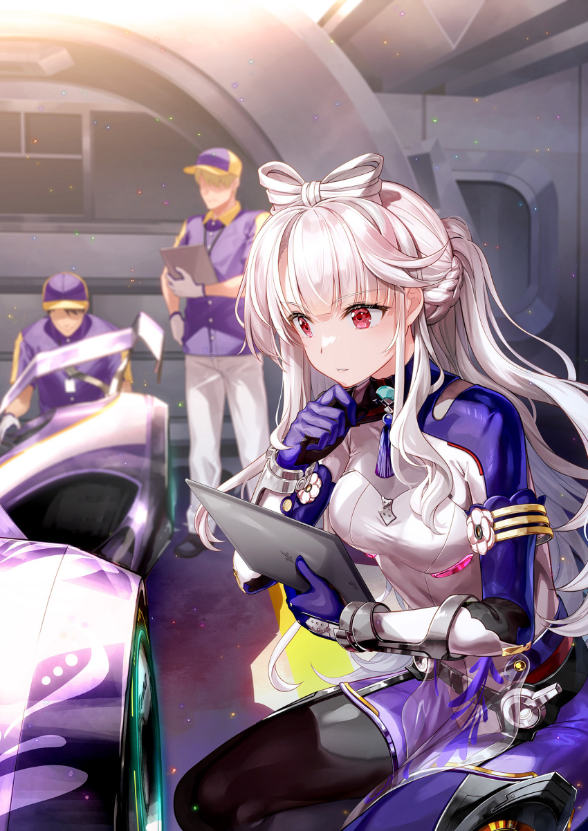 1girl 2boys blunt_bangs bow braid breasts hair_bow highres highspeed_etoile holding holding_tablet_pc medium_breasts multiple_boys official_art pelvic_curtain race_vehicle red_eyes sitting tablet_pc thinking white_hair yoran_ryu