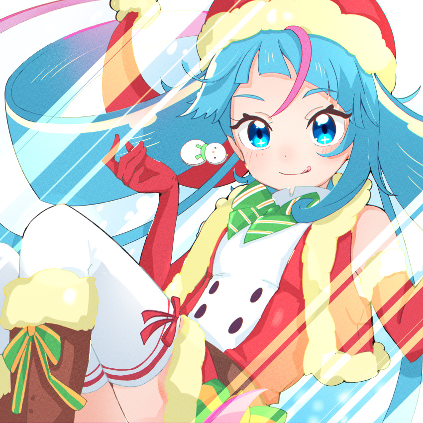 1girl :q absurdres bow bowtie brown_footwear christmas closed_mouth commentary_request cure_sky cut_bangs dress earrings elbow_gloves floating fur-trimmed_dress fur-trimmed_footwear fur-trimmed_jacket fur_trim gloves green_bow green_bowtie hat highres hirogaru_sky!_precure jacket jewelry long_hair looking_at_viewer multicolored_hair noe_graphics partial_commentary pink_hair precure red_gloves red_headwear red_jacket santa_dress santa_hat short_dress single_earring single_sidelock sleeveless sleeveless_jacket smile snowman_earrings solo sora_harewataru streaked_hair thigh-highs tongue tongue_out twintails very_long_hair white_thighhighs wind