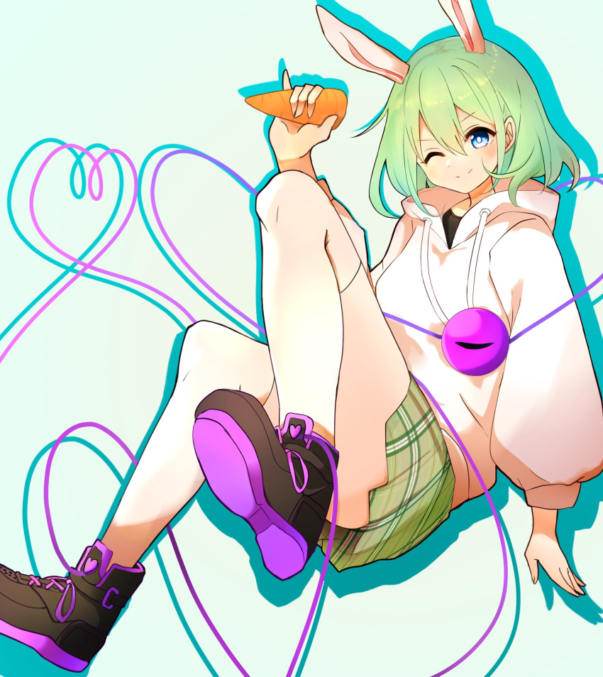1girl ;) alternate_costume animal_ears arm_at_side black_footwear blue_eyes blush bright_pupils carrot casual chinese_zodiac closed_mouth commentary_request convenient_leg cross-laced_footwear double-parted_bangs drop_shadow foot_out_of_frame green_background green_skirt hair_between_eyes hand_up heart heart_of_string highres holding holding_carrot hood hood_down hoodie kemonomimi_mode knees_up komeiji_koishi koroyarou long_sleeves looking_at_viewer medium_hair miniskirt no_headwear one_eye_closed pinky_out plaid plaid_skirt pleated_skirt rabbit_ears shoes simple_background skirt smile sneakers solo split_mouth thigh-highs third_eye touhou white_hoodie white_pupils white_thighhighs year_of_the_rabbit