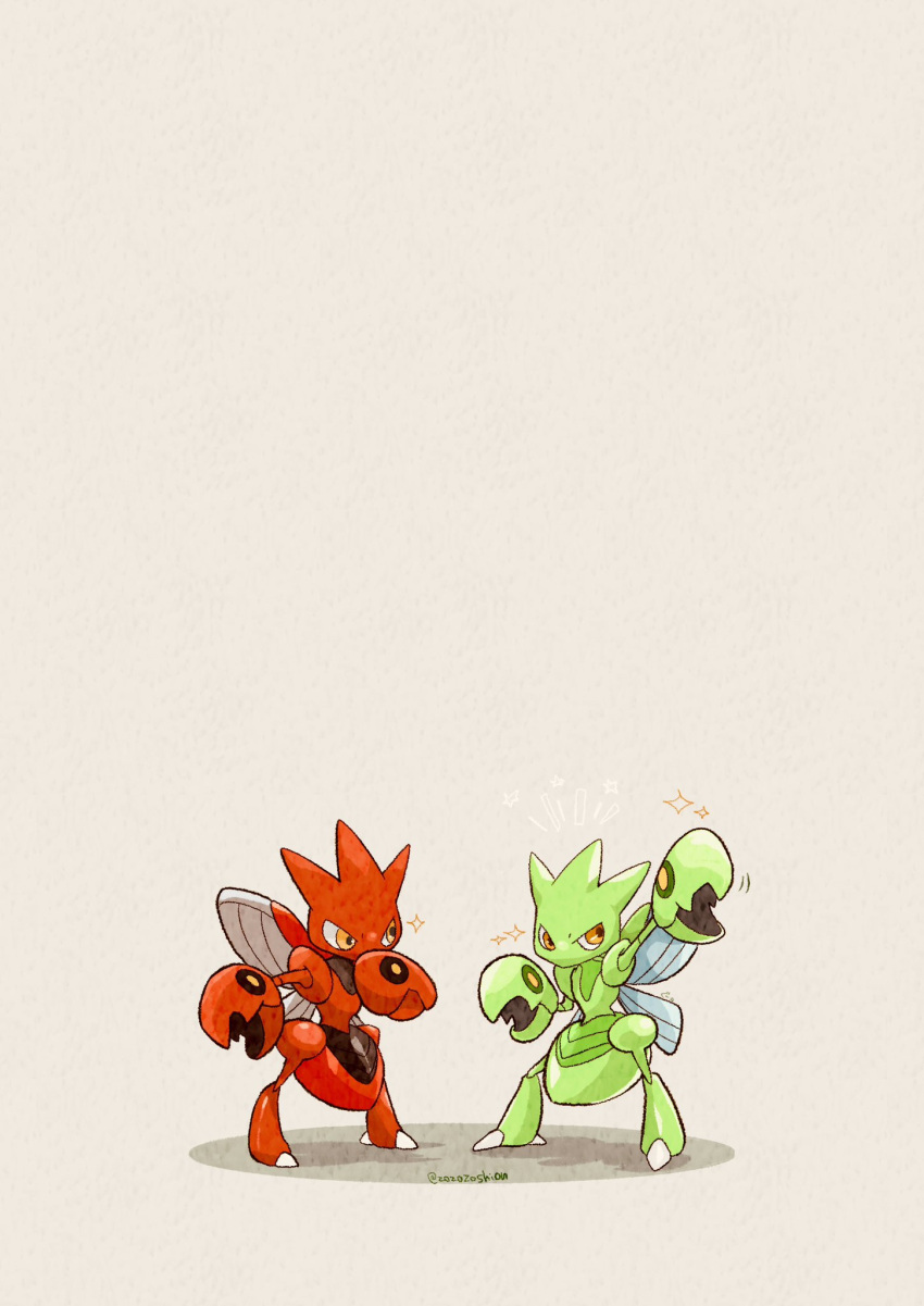 animal_focus artist_name claws colored_skin commentary green_skin highres insect_wings no_humans pokemon pokemon_(creature) red_skin scizor simple_background sparkle standing symbol-only_commentary twitter_username v-shaped_eyebrows white_background wings yellow_eyes zozozoshion