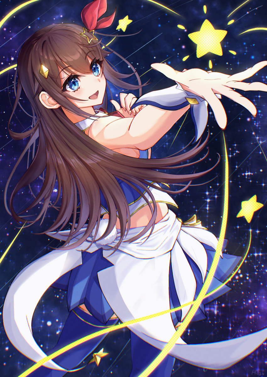 1girl absurdres bare_shoulders blue_eyes blue_vest brown_hair cropped_shirt cropped_vest diamond_hair_ornament hair_between_eyes hair_flaps hair_ornament hairclip highres hololive hosi_0729 long_hair midriff open_mouth skirt sky sleeveless solo star_(sky) star_(symbol) star_hair_ornament starry_sky thigh-highs tokino_sora vest virtual_youtuber wrist_cuffs