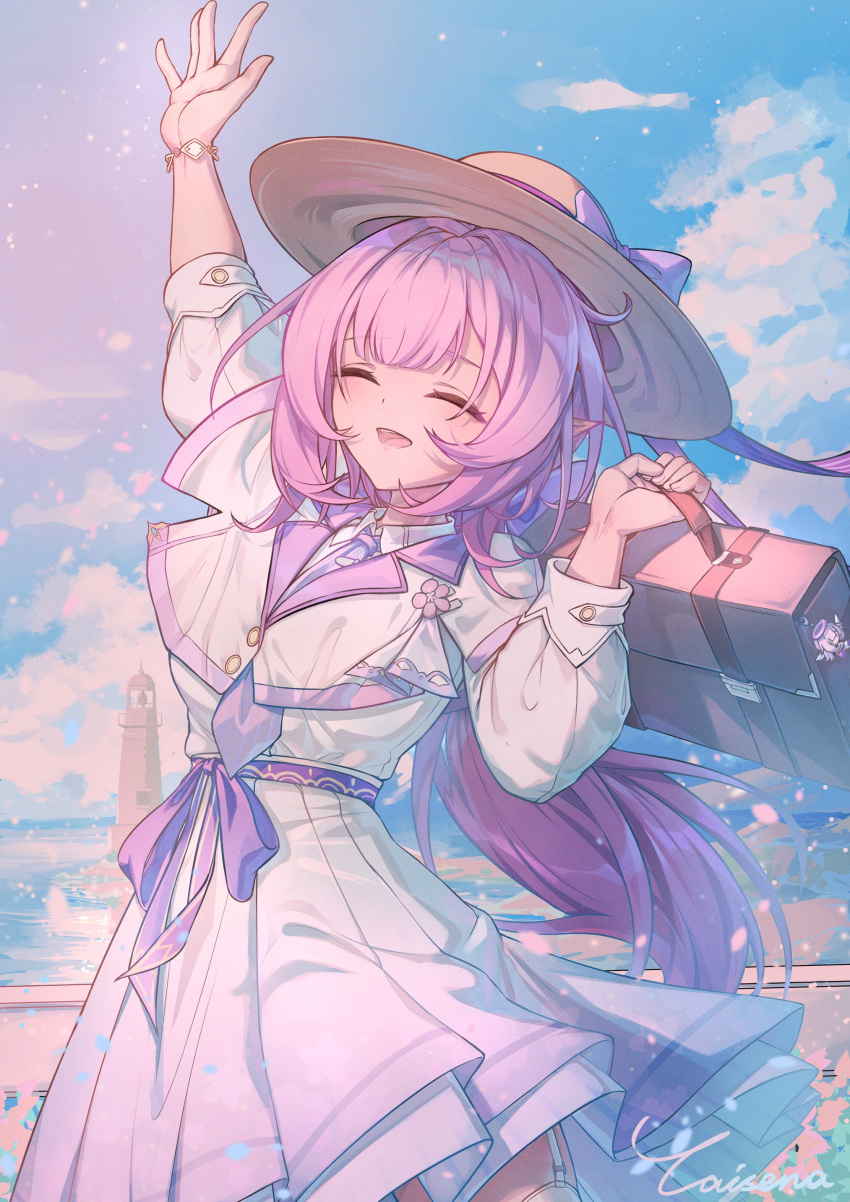 1girl absurdres arm_up bag blue_sky caisena chinese_commentary closed_eyes clouds coat collared_shirt commentary_request cowboy_shot elysia_(honkai_impact) hand_up hat hat_ribbon highres holding holding_bag honkai_(series) honkai_impact_3rd lighthouse long_hair necktie open_mouth outdoors pastel_colors pink_hair purple_necktie purple_ribbon railing ribbon shirt signature sky smile solo sun_hat watch watch white_coat white_shirt