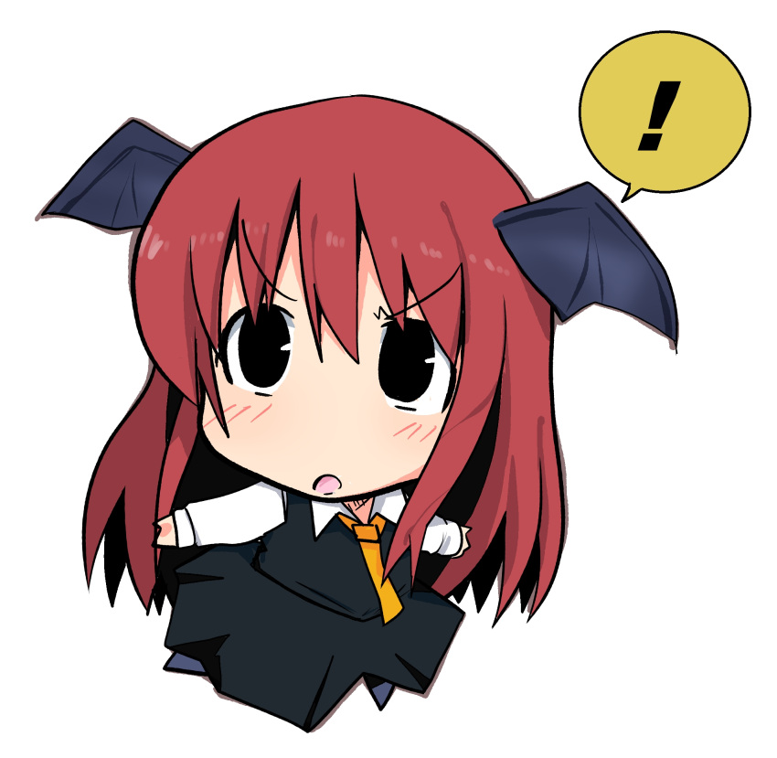 ! 1girl :o alternate_eye_color bat_wings black_eyes black_footwear black_skirt black_vest chibi collarbone commentary_request full_body hair_between_eyes head_wings highres koakuma ladfa long_hair necktie no_nose outstretched_arms red_eyes sidelocks simple_background skirt solo speech_bubble spoken_exclamation_mark spread_arms touhou v-shaped_eyebrows very_long_hair vest white_background wings yellow_necktie