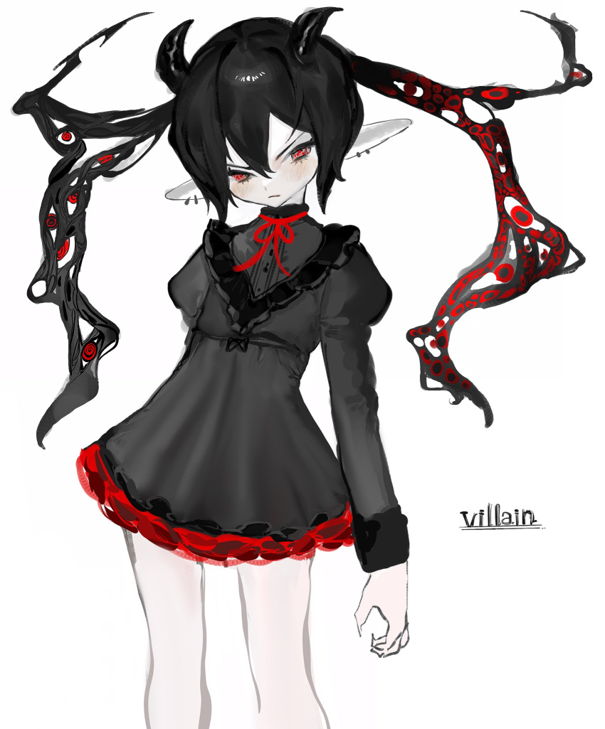 1girl black_dress black_hair black_horns blush closed_mouth dress ear_piercing english_text hair_between_eyes highres horns long_hair long_sleeves looking_at_viewer original pale_skin piercing pointy_ears red_eyes redhead short_dress simple_background solo waonwaowao3 white_background