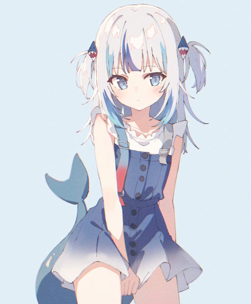 1girl blue_dress blue_eyes blush closed_mouth cowboy_shot dress fins fish_tail gawr_gura gawr_gura_(2nd_costume) grey_hair hair_ornament highres hololive hololive_english korean_commentary looking_at_viewer miro_(tae00) multicolored_hair official_alternate_costume shark_girl shark_hair_ornament shark_tail simple_background sleeveless solo streaked_hair tail twintails virtual_youtuber