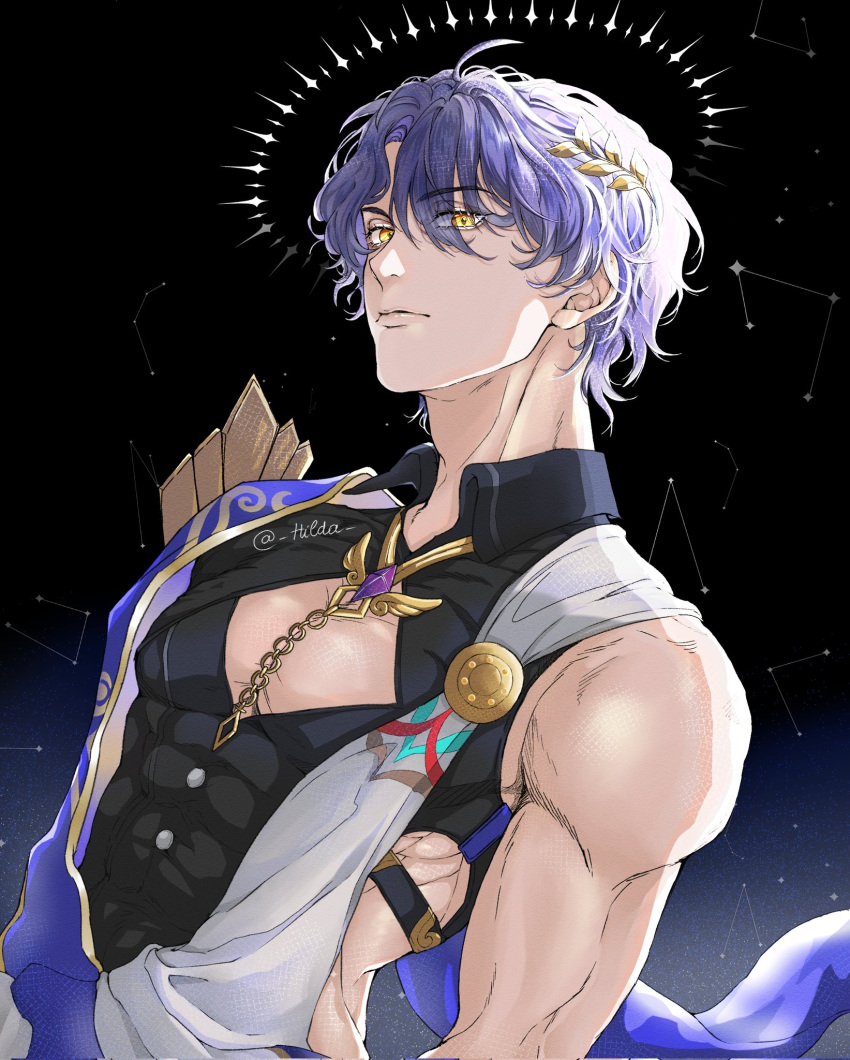 1boy ahoge black_background blue_eyes closed_mouth dr._ratio_(honkai:_star_rail) hair_between_eyes highres hilda_00 honkai:_star_rail honkai_(series) jewelry male_focus muscular muscular_male necklace pectoral_cleavage pectorals short_hair simple_background solo twitter_username upper_body yellow_eyes
