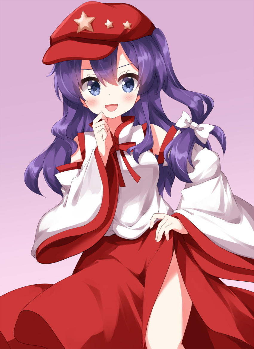 1girl :d bare_shoulders blue_eyes blush bow braid breasts cabbie_hat commentary_request detached_sleeves flat_cap gradient_background hair_bow hand_on_own_chin hand_on_own_hip hat hat_ornament highres label_girl_(dipp) long_hair long_skirt long_sleeves mandarin_collar medium_breasts neck_ribbon purple_background purple_hair red_headwear red_ribbon red_skirt ribbon ruu_(tksymkw) side_braid side_slit skirt smile solo star_(symbol) star_hat_ornament thighs touhou vest white_bow white_sleeves white_vest wide_sleeves