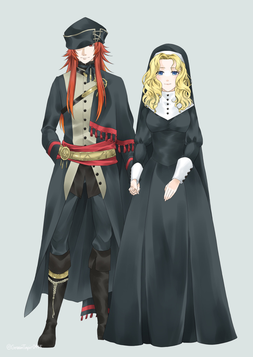 1boy 1girl absurdres alternate_costume arm_behind_back black_dress black_footwear black_headwear blonde_hair blue_eyes boots breasts closed_mouth coif commentary_request dress fire_emblem fire_emblem:_the_sacred_stones full_body habit hat highres joshua_(fire_emblem) knee_boots long_dress long_hair midori_no_baku natasha_(fire_emblem) nun one_eye_covered red_eyes redhead simple_background smile wavy_hair white_background