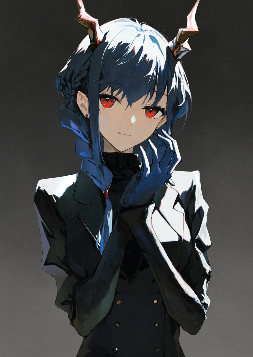 1girl alternate_costume arknights black_jacket black_sweater blue_gloves blue_hair braid breasts brown_horns buttons ch'en_(arknights) closed_mouth commentary dragon_girl dragon_horns ear_piercing eyelashes film_grain gloves gradient_background grey_background hair_between_eyes hair_flowing_over hair_tie hands_up head_tilt high_collar highres horns jacket kissshotmagia lapels light_smile long_hair long_sleeves looking_at_viewer low_twin_braids medium_breasts notched_lapels own_hands_together piercing red_eyes ribbed_sweater shade sidelighting sidelocks solo standing sweater turtleneck turtleneck_sweater twin_braids upper_body