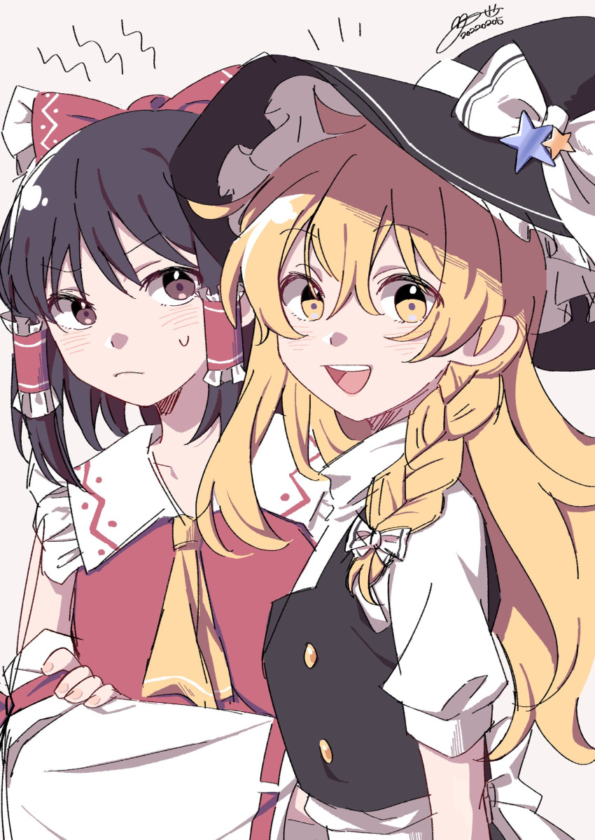 2girls apron ascot back_bow bare_shoulders black_dress black_hair black_headwear blonde_hair blush bow braid brown_eyes buttons closed_mouth collared_dress commentary_request crossed_arms detached_sleeves dress elan_ouo fingernails frills hair_between_eyes hair_bow hair_ornament hair_tubes hakurei_reimu hat hat_bow hat_ornament highres kirisame_marisa long_hair long_sleeves looking_at_another looking_at_viewer multiple_girls open_mouth puffy_short_sleeves puffy_sleeves red_bow red_dress shirt short_hair short_sleeves signature simple_background single_braid smile standing star_(symbol) star_hat_ornament sweatdrop teeth tongue touhou turtleneck v-shaped_eyebrows white_apron white_background white_bow white_shirt wide_sleeves witch_hat yellow_ascot yellow_eyes