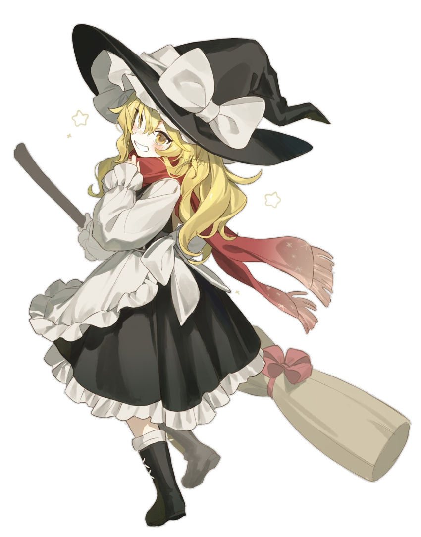 1girl apron artist_name back_bow black_dress black_footwear black_headwear blonde_hair blush boots bow broom commentary_request dress frills full_body hair_between_eyes hands_up hat hat_bow highres holding holding_broom jill_07km kirisame_marisa long_hair long_sleeves looking_at_viewer puffy_long_sleeves puffy_sleeves red_scarf scarf shirt simple_background smile snowflake_print solo standing star_(symbol) teeth touhou white_apron white_background white_bow white_shirt witch_hat yellow_eyes