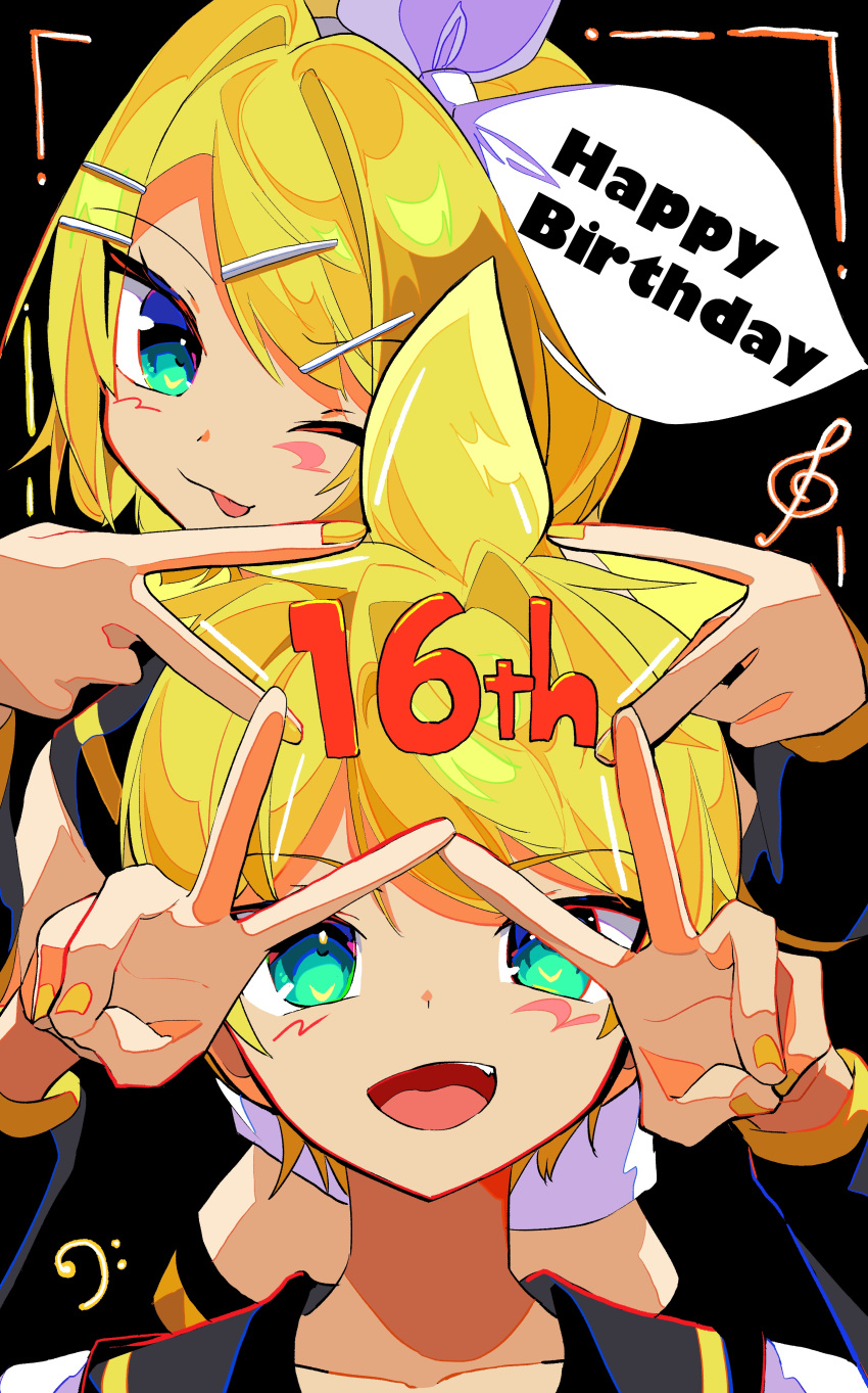 1boy 1girl :p absurdres anniversary aqua_eyes bass_clef behind_another black_background black_sailor_collar blonde_hair blush bow cel_shading collarbone commentary crop_top double_v fang hair_bow hair_ornament hairclip hands_up happy_birthday highres kagamine_len kagamine_rin kasaki_sakura leaning_forward looking_at_viewer one_eye_closed sailor_collar shirt short_hair sleeveless sleeveless_shirt spiky_hair star_(symbol) swept_bangs teeth tongue tongue_out treble_clef upper_body upper_teeth_only v vocaloid white_bow white_shirt yellow_nails