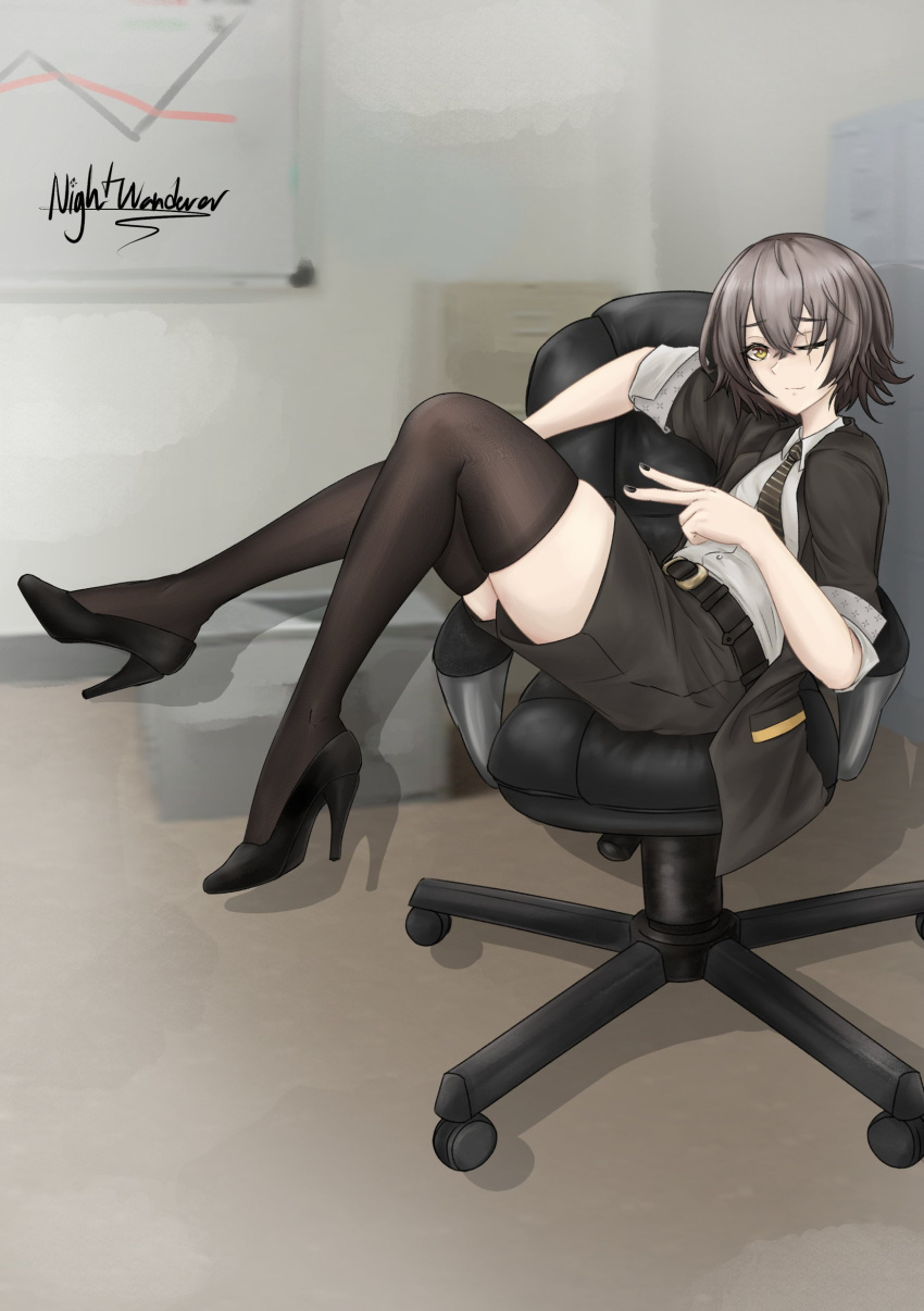 1girl absurdres artist_name black_jacket black_nails black_thighhighs brown_hair chair commentary_request full_body girls'_frontline_2:_exilium girls_frontline hair_between_eyes high_heels highres jacket looking_at_viewer necktie nightwanderer98 office_chair one_eye_closed open_clothes open_jacket orange_eyes portuguese_commentary scar scar_across_eye scar_on_face shirt short_hair shorts sitting striped_necktie swivel_chair thigh-highs ump45_(girls'_frontline) v white_shirt