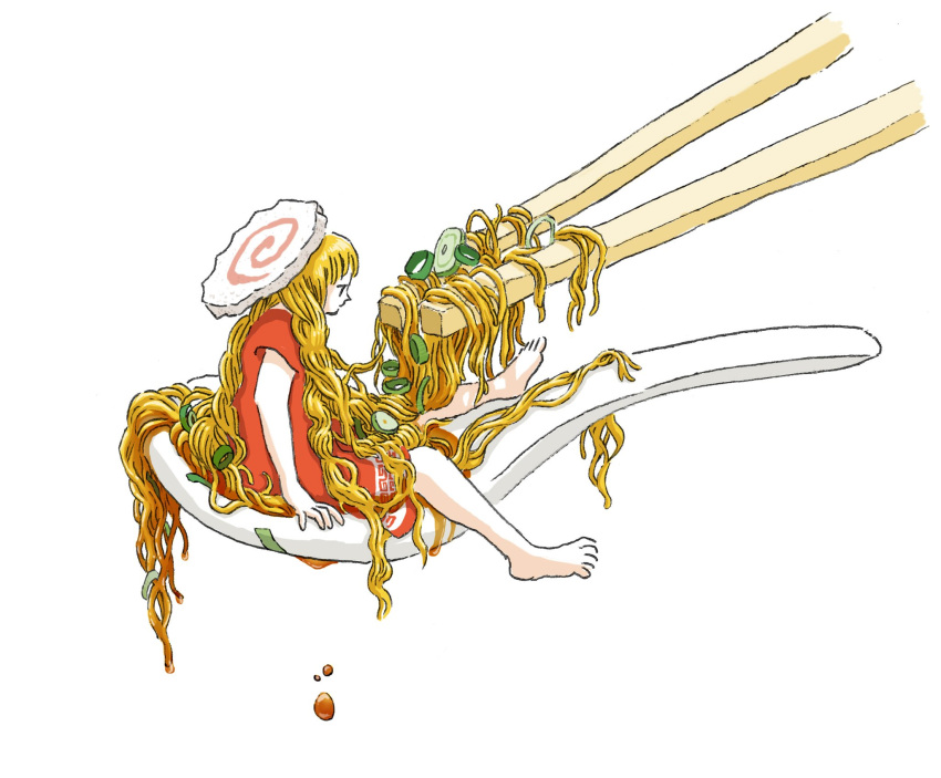 1girl arm_support barefoot chopsticks dress food food_focus full_body highres kamaboko long_hair looking_to_the_side marui_michi narutomaki noodles original ramen red_dress sitting solo spoon spring_onion