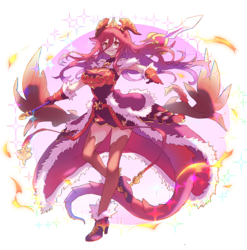 1girl dragalia_lost dragon_horns dragon_tail ekra full_body fur_trim gloves hair_between_eyes highres holding holding_polearm holding_weapon horns long_bangs long_hair looking_at_viewer mym_(dragalia_lost) polearm red_eyes red_gloves red_thighhighs redhead smile solo standing standing_on_one_leg tail thigh-highs very_long_hair weapon