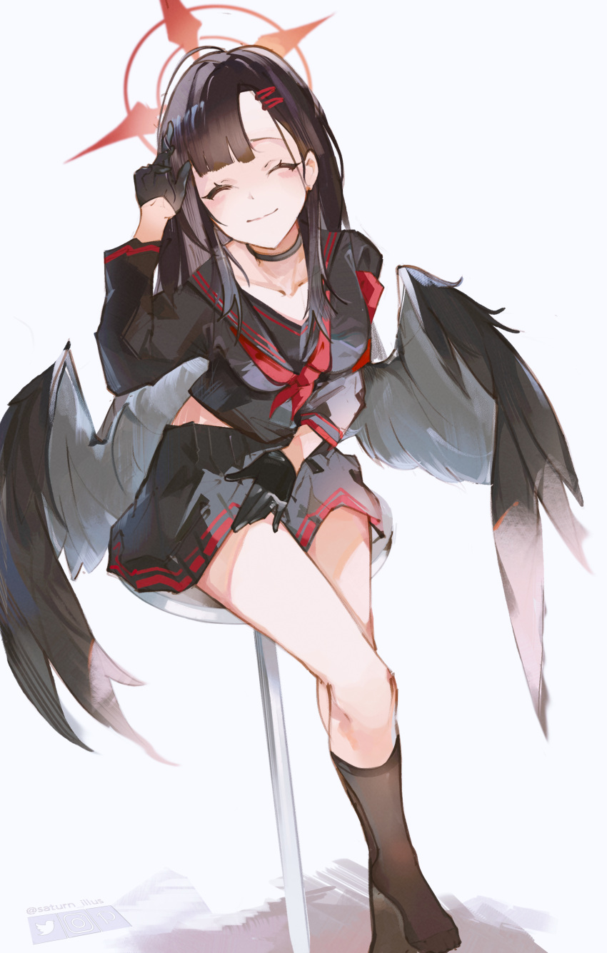 1girl absurdres black_hair black_sailor_collar black_serafuku black_skirt black_socks black_wings blue_archive closed_mouth cmdr_saturn facing_viewer full_body halo highres ichika_(blue_archive) long_hair long_sleeves neckerchief pleated_skirt red_halo red_neckerchief sailor_collar school_uniform serafuku skirt smile socks solo wings