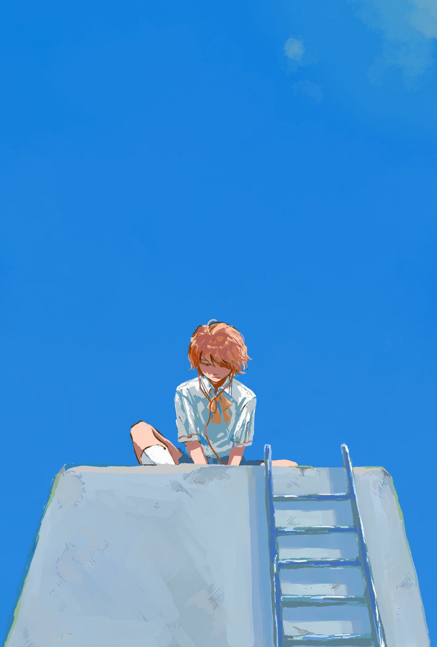 1girl absurdres blue_skirt blue_sky closed_mouth collared_shirt commentary day earphones earphones from_below half-closed_eyes hatano_mutsumi hide_tani highres knee_up kneehighs ladder missing_parts:_the_tantei_stories neck_ribbon on_roof one_eye_covered orange_eyes orange_hair outdoors ribbon school_uniform shirt short_hair short_sleeves sitting skirt sky socks solo spread_legs v_arms white_shirt white_socks wide_shot yellow_ribbon