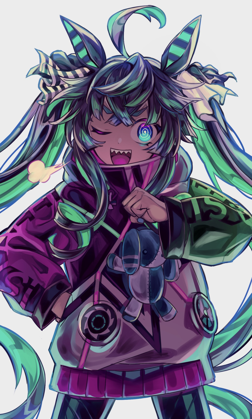 !?_(krkrgzgz) 1girl ;d @_@ ahoge animal_ears aqua_hair bad_id bad_pixiv_id black_leggings blue_eyes blue_hair bow clenched_hand clothes_writing cowboy_shot crossed_bangs hair_bow hand_on_own_hip hand_up highres hood hoodie horse_ears horse_girl leggings long_hair long_sleeves multicolored_clothes multicolored_hair multicolored_hoodie neon_palette one_eye_closed puff_of_air sharp_teeth shiny_clothes sidelocks simple_background smile solo striped striped_bow stuffed_animal stuffed_rabbit stuffed_toy teeth twin_turbo_(umamusume) twintails two-tone_hair umamusume upper_teeth_only v-shaped_eyebrows very_long_hair white_background