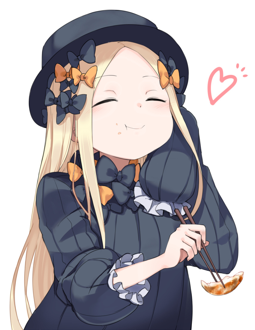 1girl :t abigail_williams_(fate) black_bow black_headwear blonde_hair bow chopsticks closed_eyes dumpling eating fate/grand_order fate_(series) food food_on_face hair_bow heart highres holding holding_chopsticks jiaozi multiple_hair_bows orange_bow simple_background sleeves_past_fingers sleeves_past_wrists sleeves_rolled_up smile solo usuaji white_background