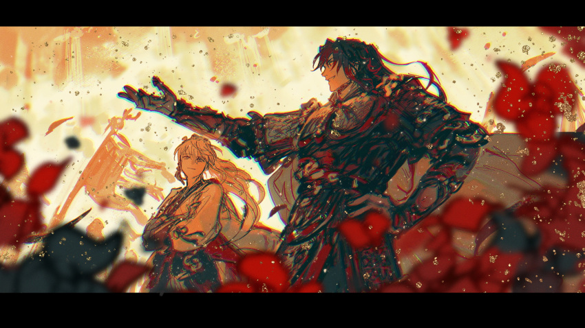 2boys absurdres archer_(fate/samurai_remnant) armor black_hair blurry cape chinese_clothes crossed_arms depth_of_field earrings egotism fate/samurai_remnant fate_(series) flag grin hand_on_own_hip hand_up hanfu highres jewelry long_hair looking_at_another multicolored_hair multiple_boys petals ponytail red_eyes single_earring smile tassel tassel_earrings white_hair yellow_eyes zheng_chenggong_(fate)